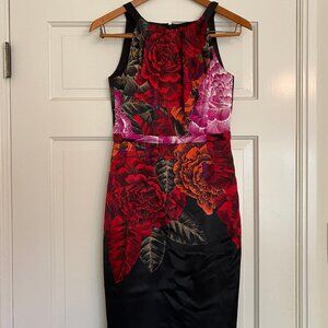 T Tahari satin floral on black sleeveless dress Size 2